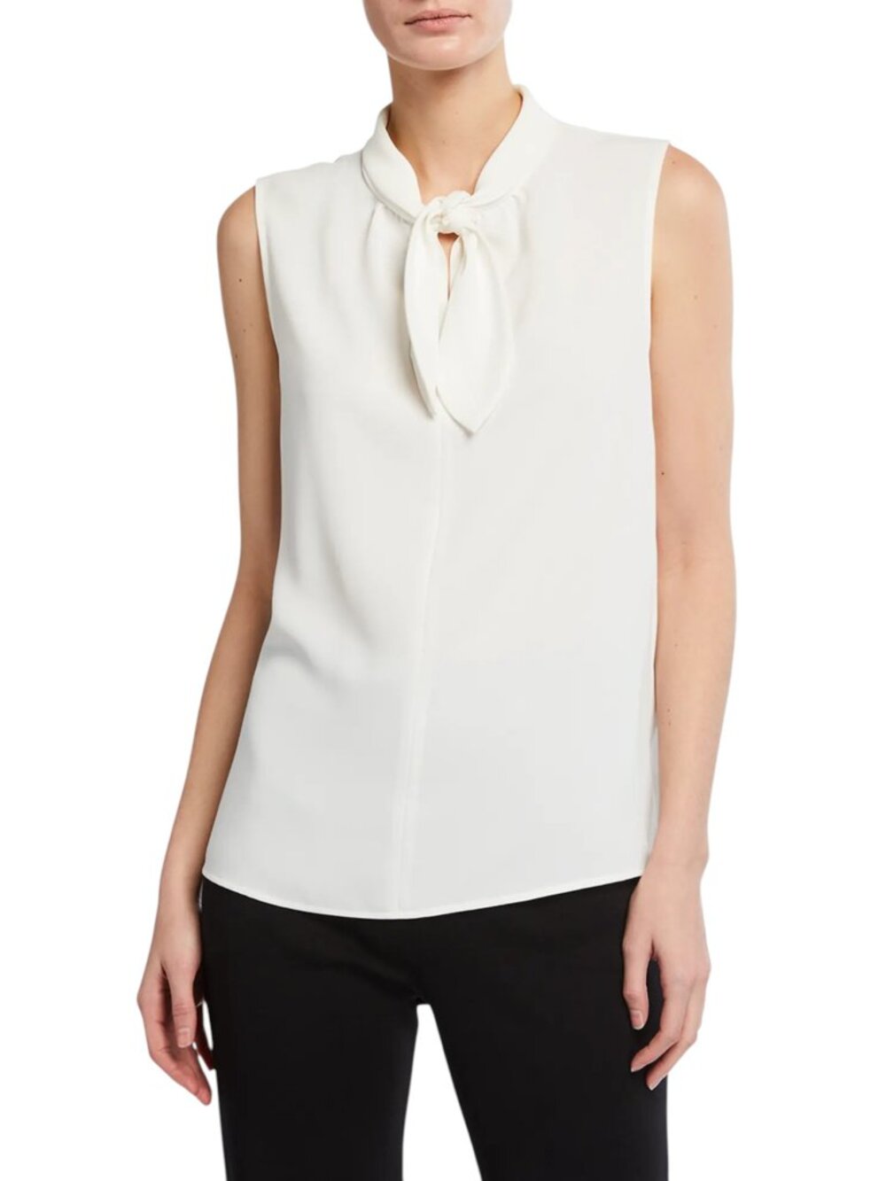 Misook White Sleeveless Tie Neck Pullover Blouse